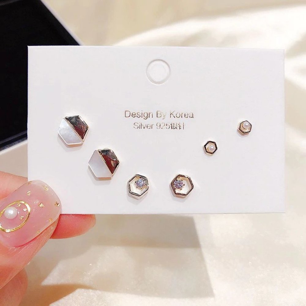 [3 Pairs] 925 Sterling Silver Diamond Earrings D
